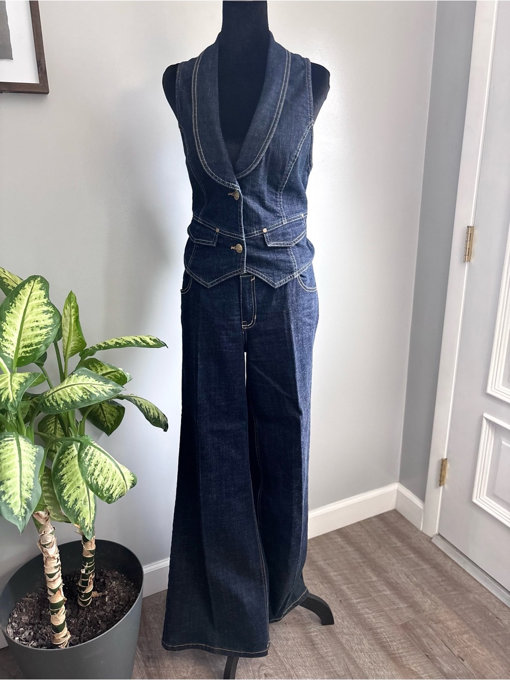 Vintage Southpole Dark Blue Denim Wide-Leg Jeans with Matching Vest